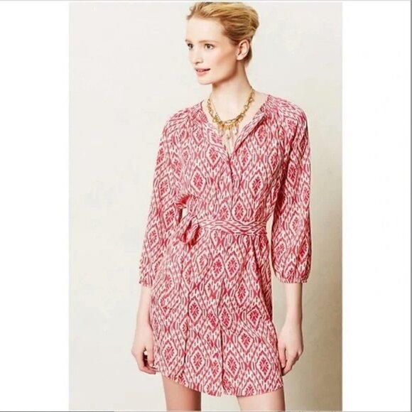 Anthropologie Maeve Silky 3/4 Sleeve Shift Dress Belted Waist size Medium - Picture 1 of 9